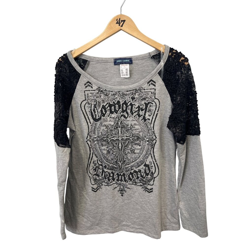 Cowgirls and Diamonds Lace Embellished Long Sleeve  Top Womens XL Gray Black NEW